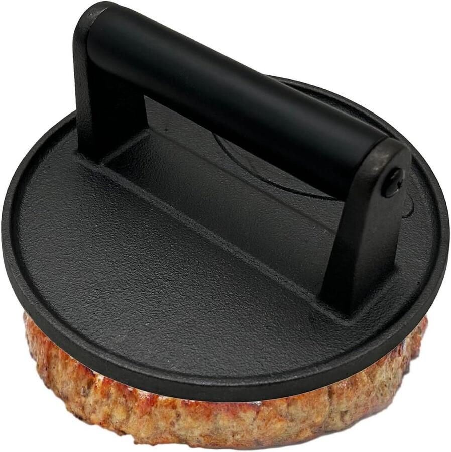 Grillpers Gietijzer Platte pers Gelijkmatig Grillen Hittebestendige Handgreep 16.5 cm Diameter Zwart