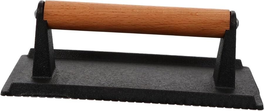 Grillpers Gietijzer Steak Gewicht Efficiënt Koken Ergonomisch Houten Handvat 21 x 11 x 6.6 cm Zwart