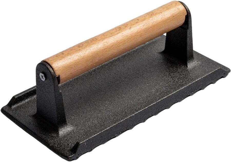 Gietijzeren Grillpers Verzwaarde Steakpers Gelijkmatig Grillen Ergonomisch Houten Handvat 22.3 cm Lengte Zwart