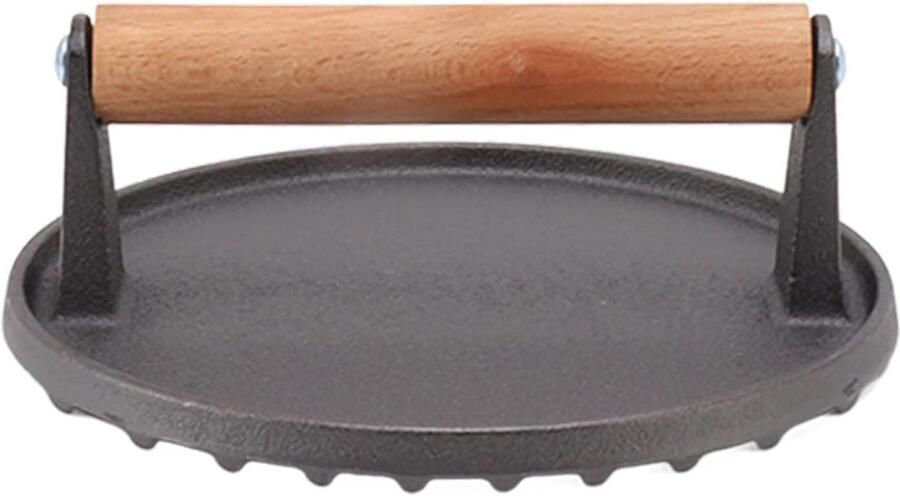 Grillpers Gietijzer Vleespers Burger Gelijkmatig Grillen Geribbeld Oppervlak 17.4 cm Diameter Zwart