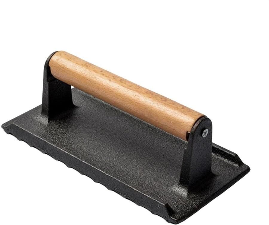 Grillpers Gietijzer Vleespers Hamburger Gelijkmatig Grillen Ergonomisch Houten Handvat 21.8 cm Zwart