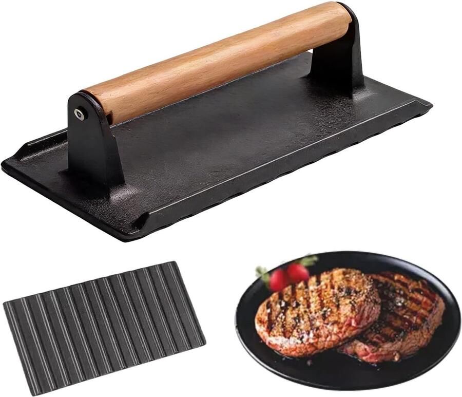 Grillpers Rechthoekig Burger Drukker Gelijkmatig Koken Comfortabele Houten Handgreep 16 x 8 cm Zwart