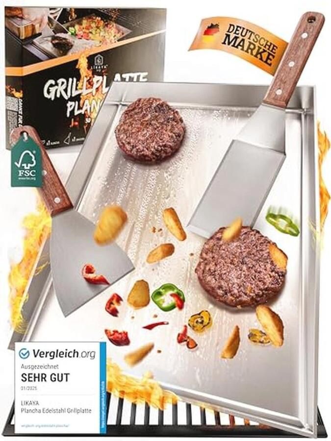 Grillplaat 30 x 40 cm zonder gat Roestvrij staal Grillaccessoires met houten handvat