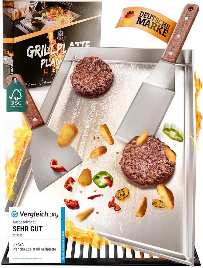 Grillplaat 30 x 40 cm zonder gat Roestvrij staal Grillaccessoires met houten handvat