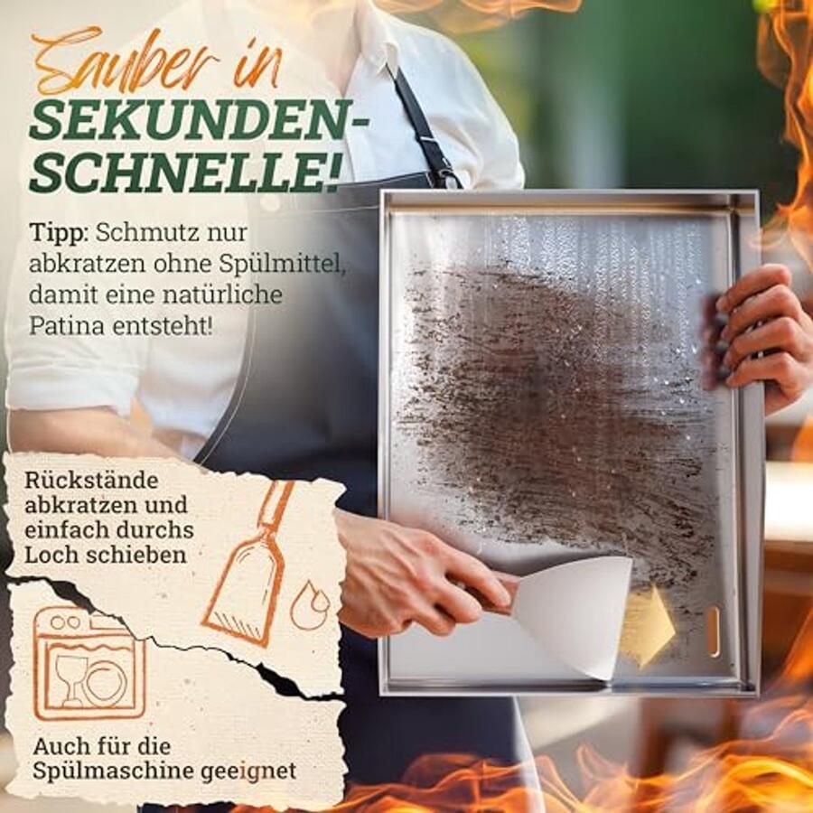 Grillplaat 30 x 40 cm zonder gat Roestvrij staal Grillaccessoires met houten handvat