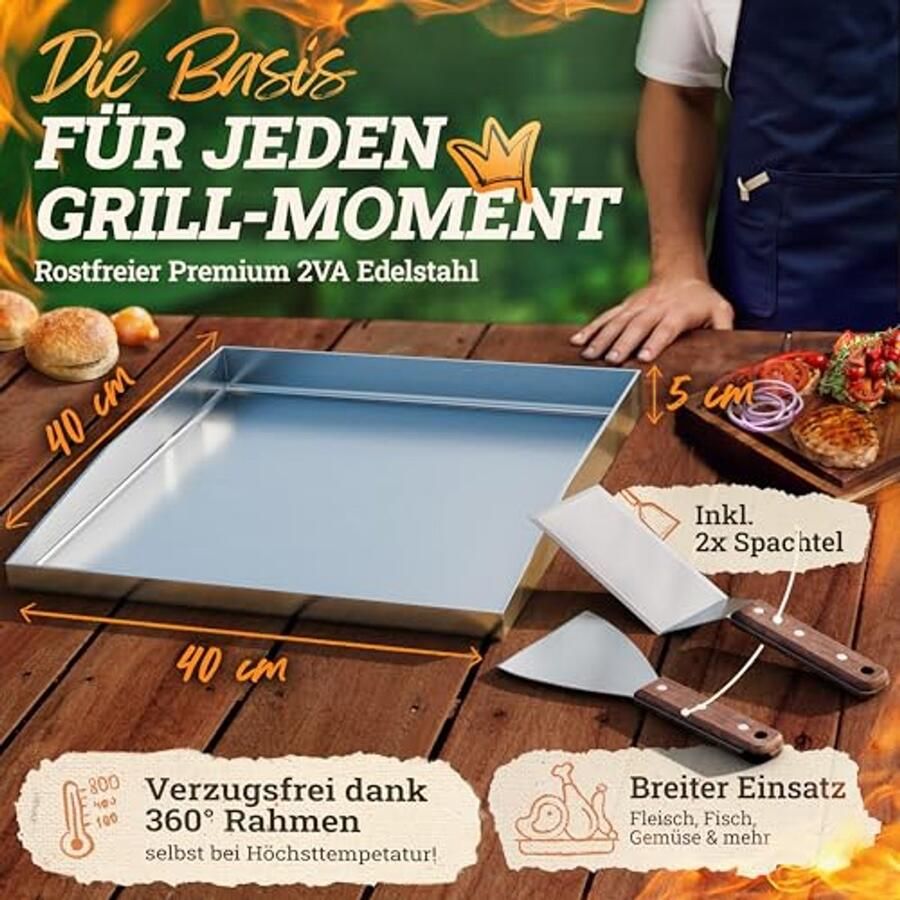 Grillplaat 30 x 40 cm zonder gat Roestvrij staal Grillaccessoires met houten handvat - Foto 3