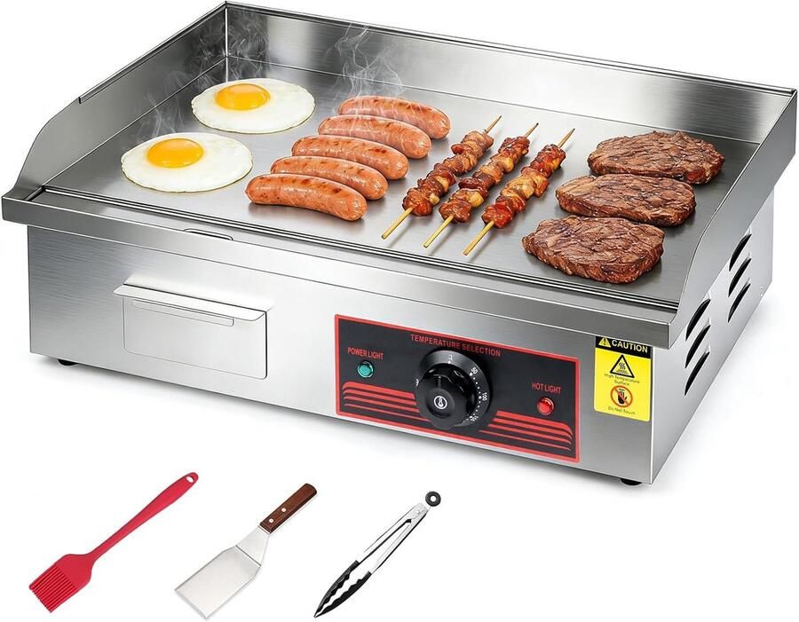 Grillplaat 3000 W commerciële elektrische grillplaat roestvrij staal grilloppervlak 55 x 41 cm temperatuur 50-300 °C professionele gietijzeren grillplaat met spatels borstels voor