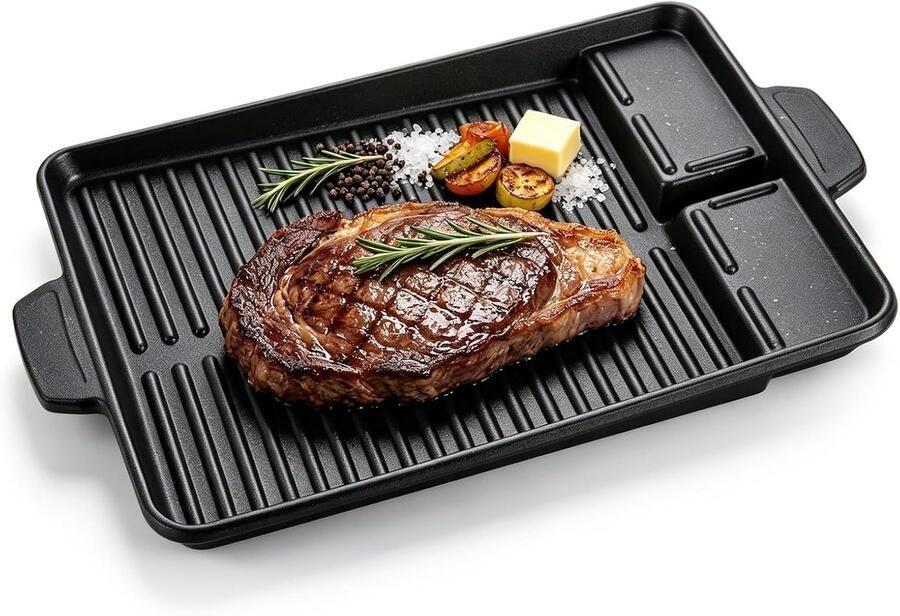 Grillplaat 32 x 26 cm Koreaanse antiaanbaklaag rookvrije rechthoekige grillpan aluminium bakplaat barbecue met handgrepen voor gasfornuis en camping gasgrill fornuis en outdoor barbecue (zwart)