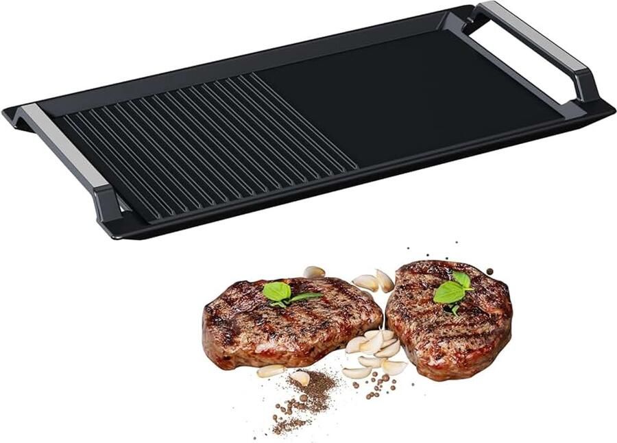 Grillplaat 43 x 23 cm 2 handgrepen anti-slip grillpan met half geribbeld en half glad oppervlak voor inductie kookplaten oven barbecue gasgrill