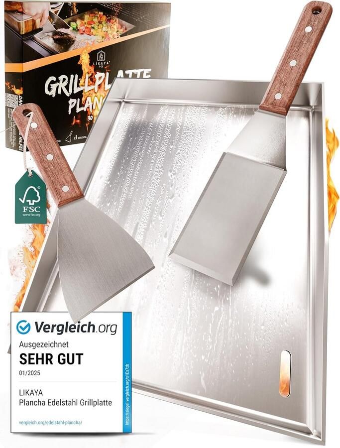 Grillplaat Bakplaat Buiten koken FSC-acaciahouten handvatten 30 x 40 cm Zilver