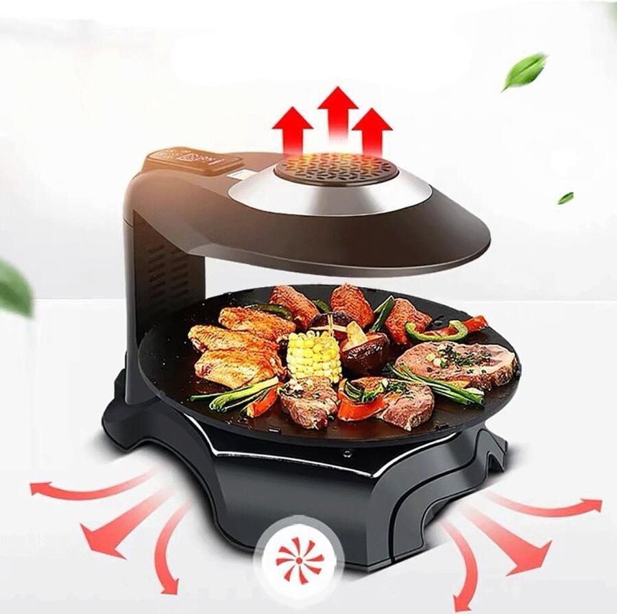 Grillplaat Bakplaat Plancha 1390W elektrische rookvrije grill 3D multifunctionele tafelgrillpan 360° draaibare grillpan Timer van 1-80 minuten Infraroodverwarming voor binnengrillen Anti-aanbak grillpan met rode saus Zwart