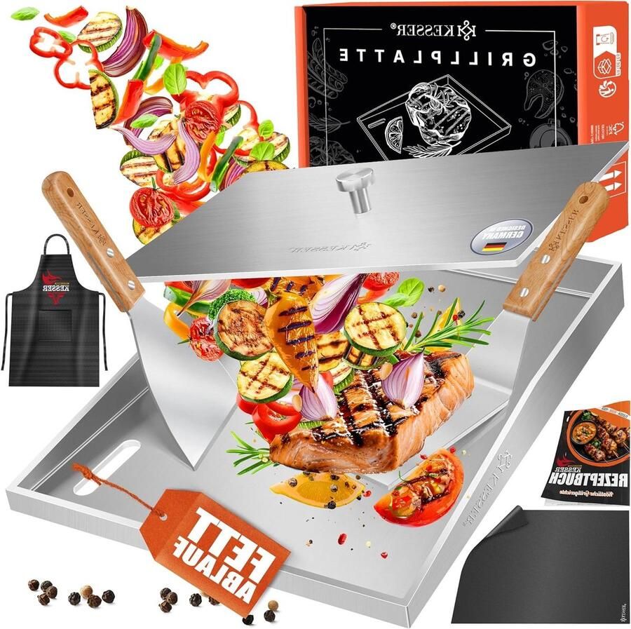 Grillplaat Bakplaat Plancha Buiten Koken Vetafvoer 40 x 30 cm Zilver