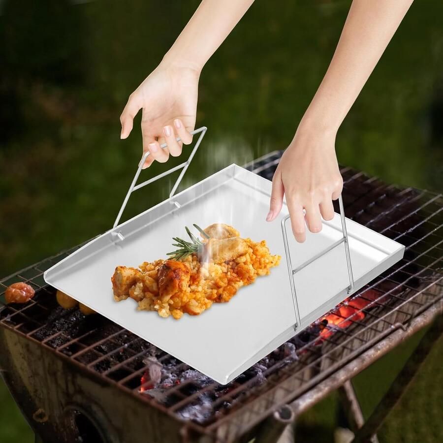 Grillplaat BBQ Bakplaat Buiten Koken Afneembare Handvatten 45 x 34 cm Zilver