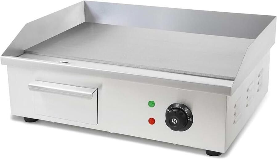 Grillplaat elektrisch 3000 W van roestvrij staal grilloppervlak glad 55 x 35 cm thermostaat temperatuur 50-300 °C spat- en hittebescherming opvangbak rubberen voetjes
