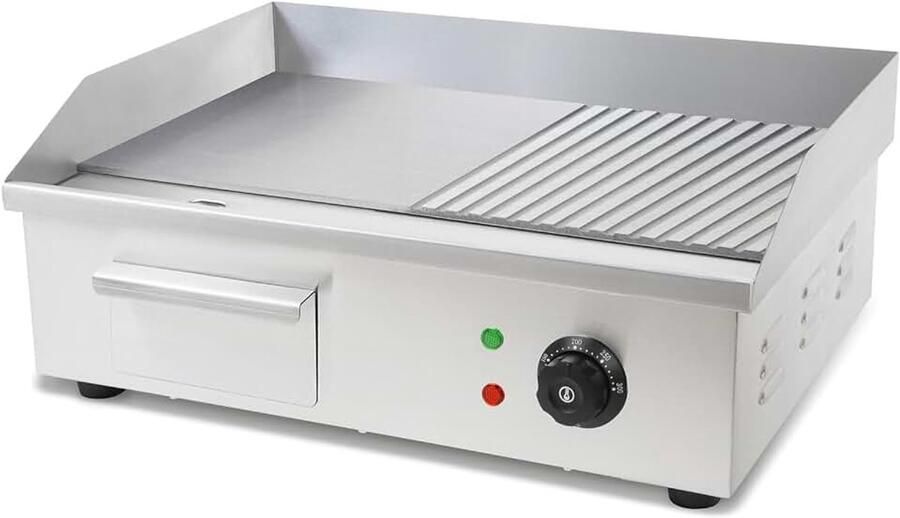 Grillplaat elektrisch 3000 W van roestvrij staal grilloppervlak glad & met groeven 55 x 35 cm thermostaat temperatuur 50-300 °C spat- en hittebescherming opvangbak rubberen voetjes