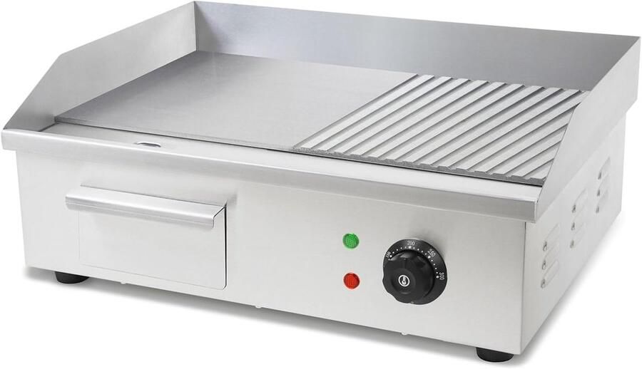 Grillplaat elektrisch 3000 W van roestvrij staal grilloppervlak glad & met groeven 55 x 35 cm thermostaat temperatuur 50-300 °C spat- en hittebescherming opvangbak rubberen voetjes