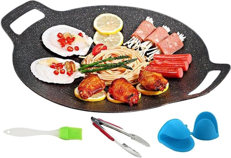 Grillplaat Gietijzer Bakplaat Koekenpan Buiten Koken Antiaanbaklaag 32 cm Zwart