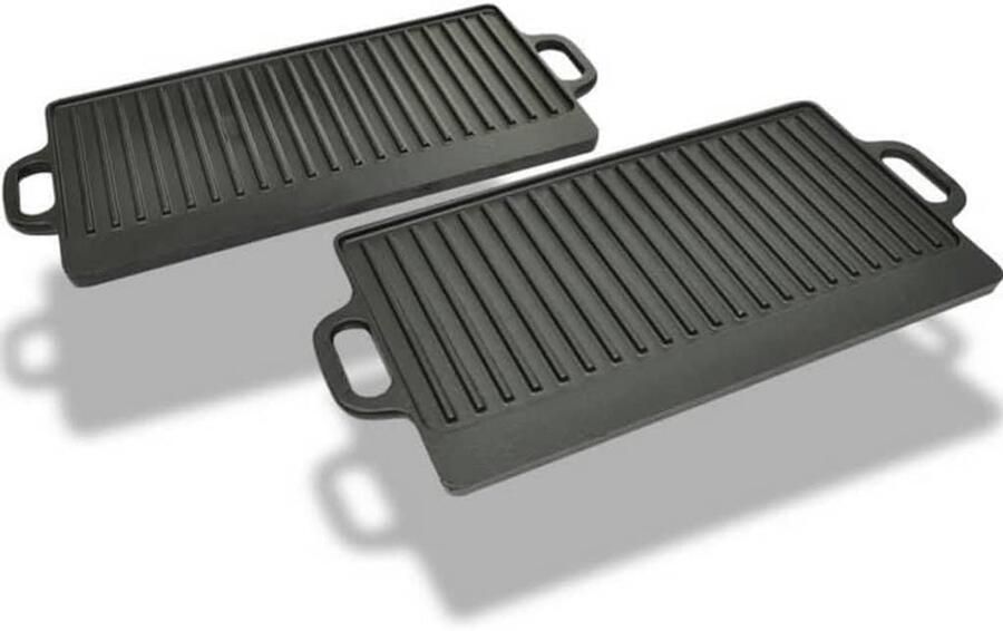 Grillplaat Gietijzer Dubbelzijdig Plaat Pannenkoeken Bakken Platte Ribbel Kant 38x23 cm Zwart
