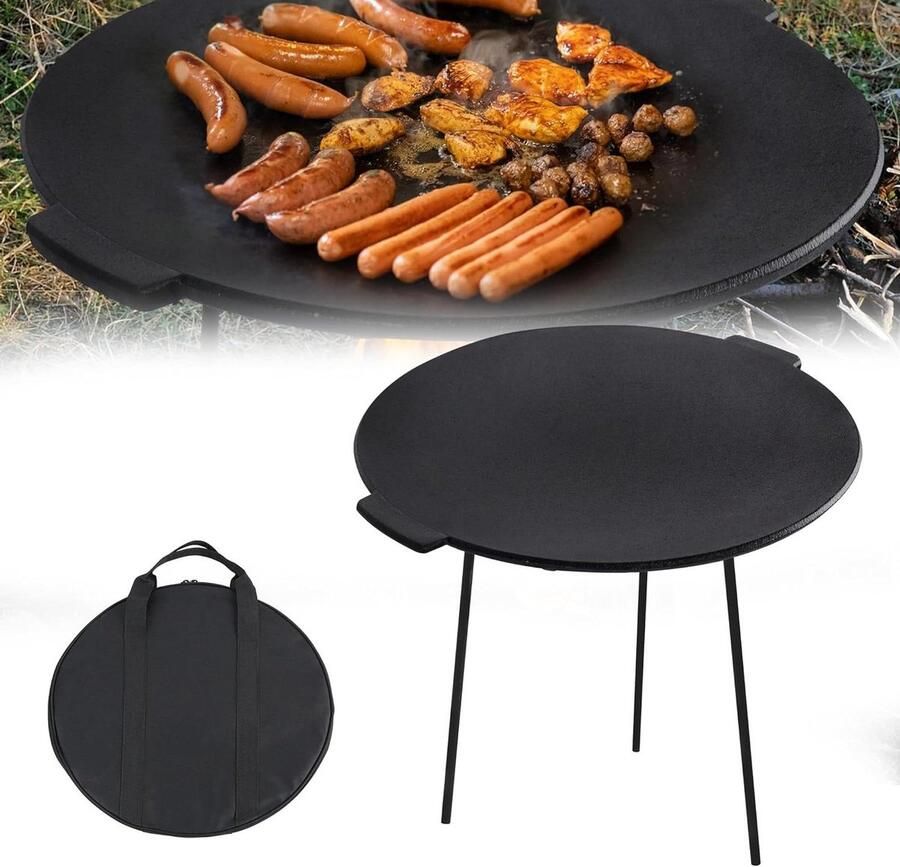 Grillplaat Gietijzer Grillpan Ronde Pan Buiten Koken Gelijkmatige Warmte 45 cm Diameter Zwart