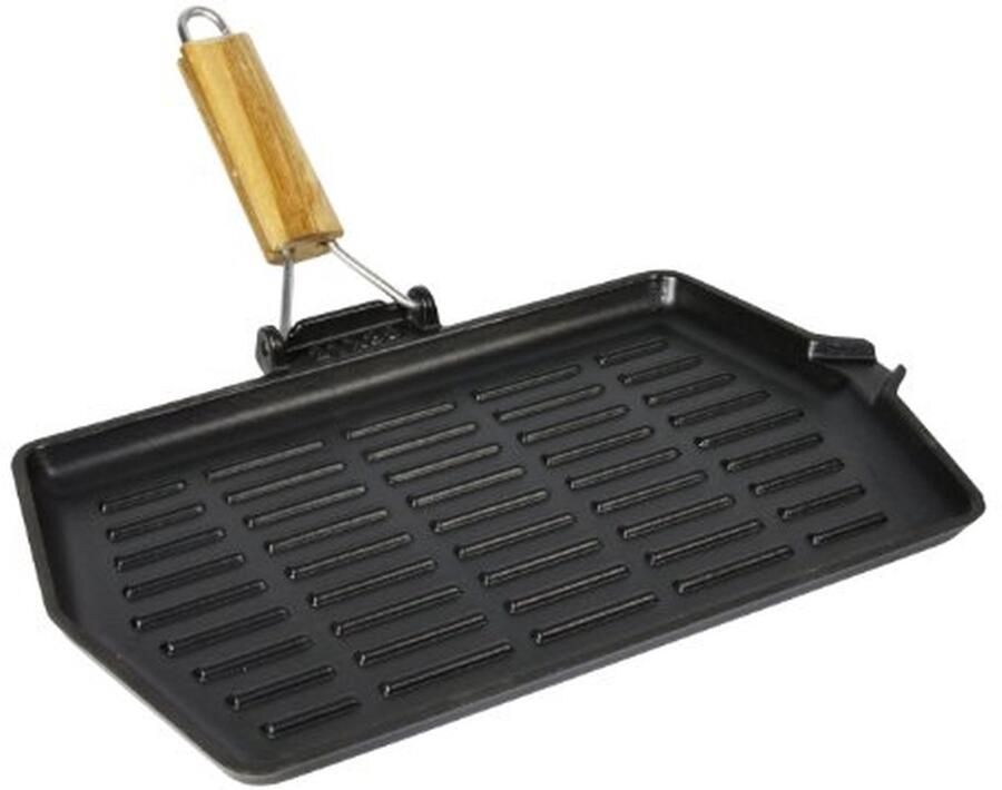 Grillplaat Gietijzeren Rooster Lekker Grillen Met Houten Handvat 21 x 35 cm Zwart