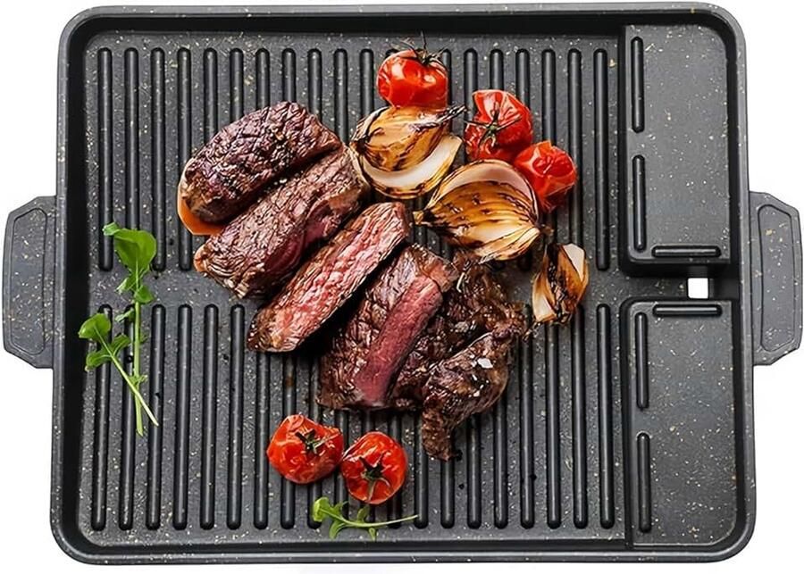 Grillplaat grillpan grillopzetstuk voor gasfornuis 37 x 26 cm anti-aanbaklaag grillpan voor campingkooktoestel inductie gaskeramiek