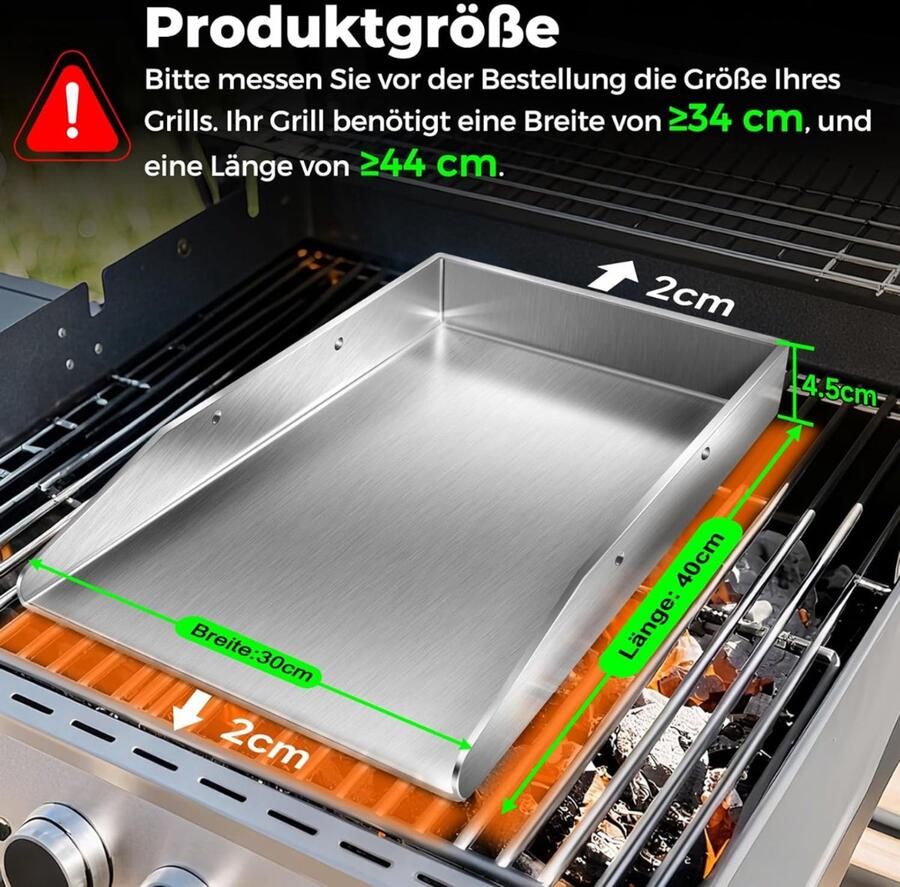 Grillplaat Inductie Plancha-Grillplaat Cadeaus Voor Mannen En Vrouwen Met 2 Grillspatels 4 Mm Dik Roestvrij Staal Met Afneembare Handgrepen Voor Gas- En Houtskoolgrills 40 X 30 X 4 Cm