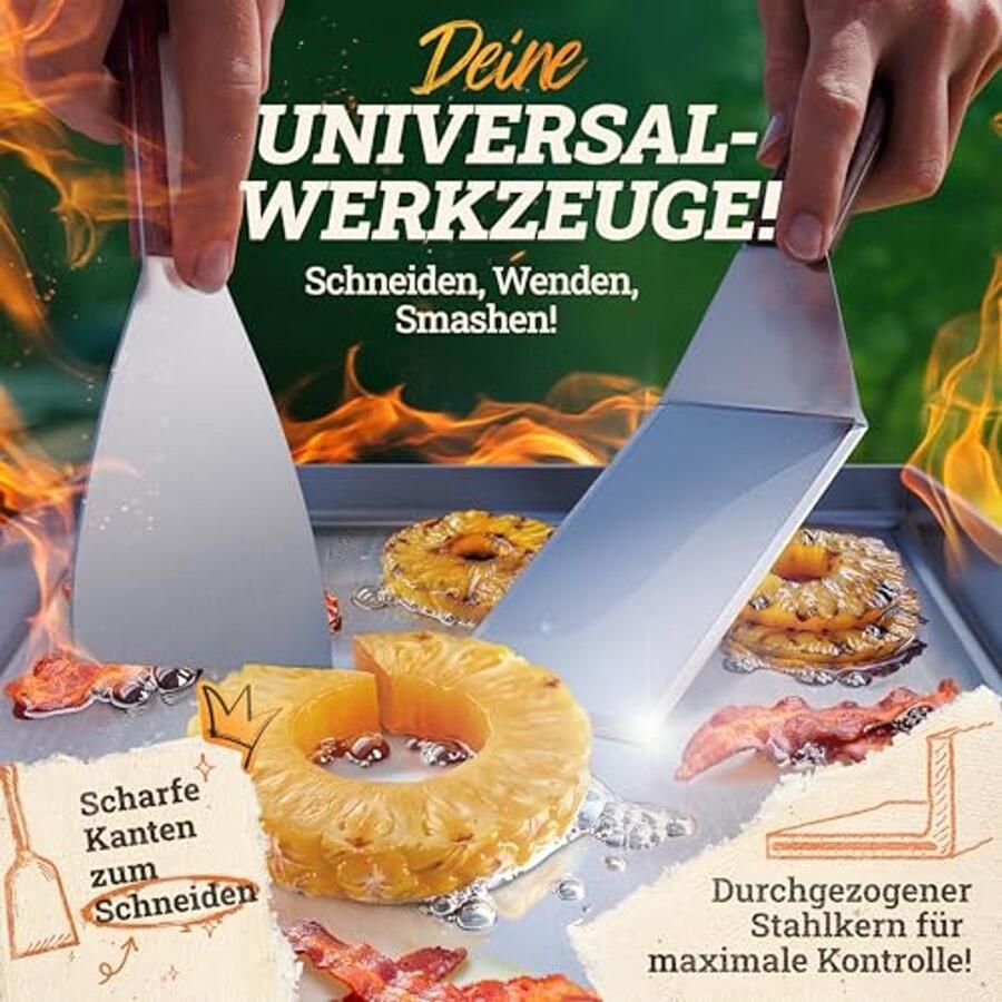 Grillplaat Plancha 20 x 40 cm met Houten Handvat en Grillspatels