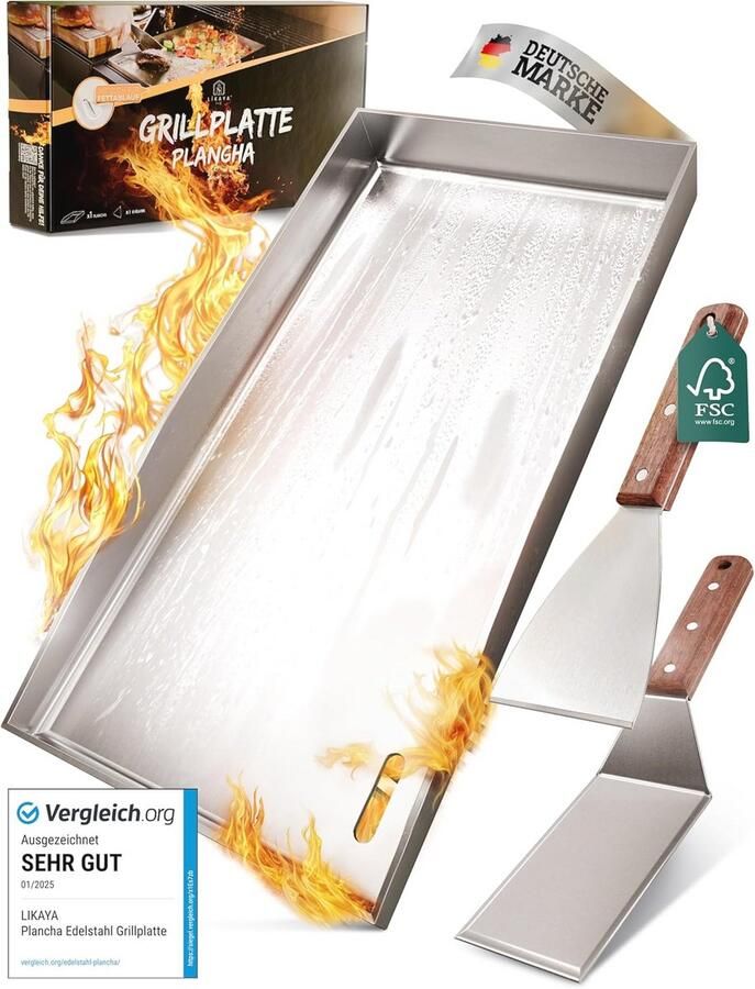 Grillplaat Plancha 20 x 40 cm met Houten Handvat en Grillspatels