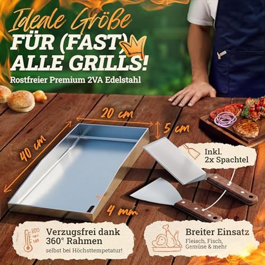 Grillplaat Plancha 20 x 40 cm met Houten Handvat en Grillspatels - Foto 2