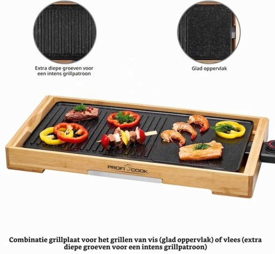 Grillplaat Plancha 2200 Watt 51x25 cm Kookoppervlak Bamboe Frame Keramische Geglazuurde