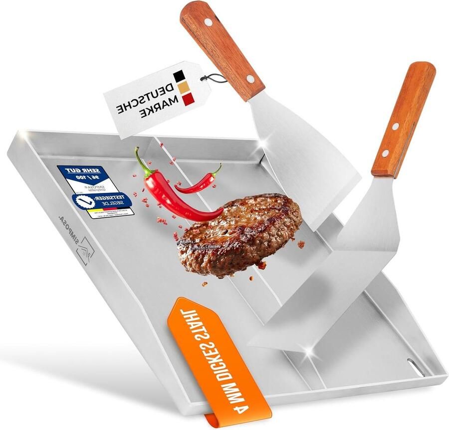 Grillplaat Plancha Bakplaat Roestvrij Staal Buiten Koken Geïntegreerde Scheidingswand 40 x 40 cm Zilver