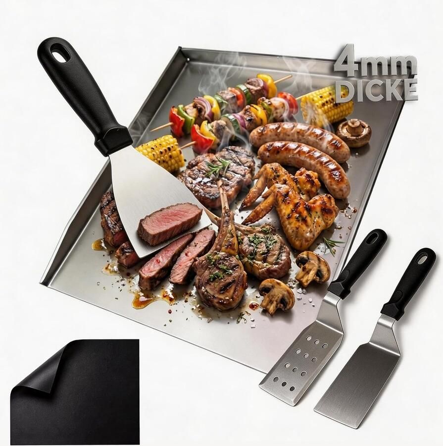 Grillplaat Plancha RVS 40 x 30 cm 4 mm Dikke Professionele BBQ-set met Spatels en Grillmat Voor Gas- en Houtskoolbarbecue