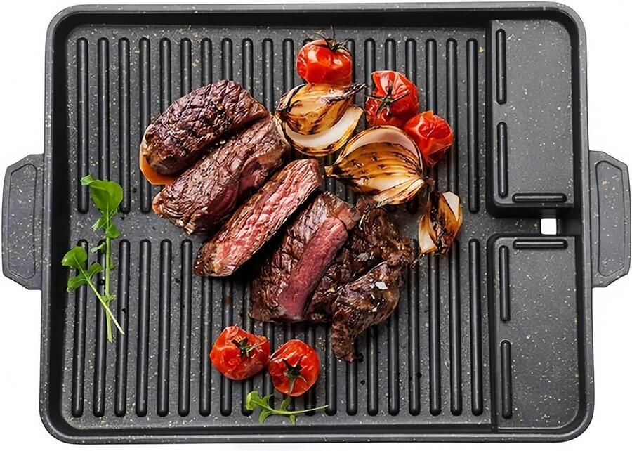 Grillplaat rechthoekige grillpan grillopzetstuk voor gasfornuis grillpan 37 x 26 cm antiaanbaklaag grillpan voor campingfornuis voor inductie gas keramiek