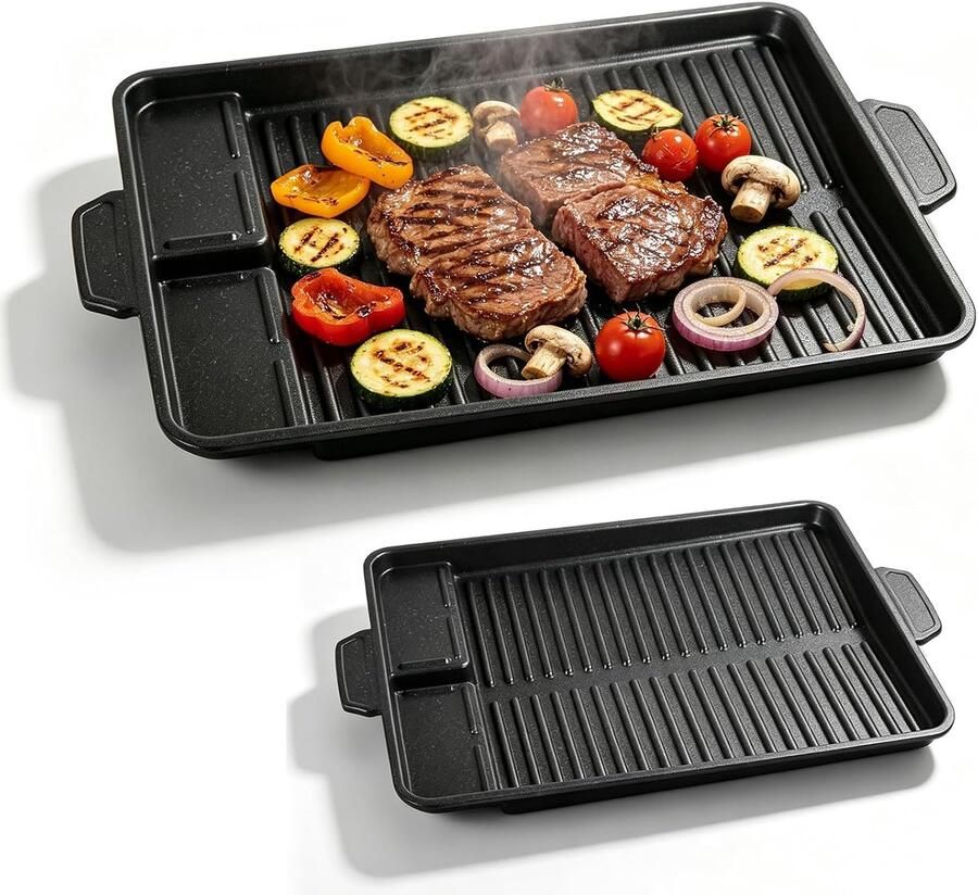 Grillplaat rechthoekige grillpan grillopzetstuk voor gasfornuis grillpan 37 x 26 cm antiaanbaklaag grillpan voor campingfornuis voor inductie gas keramiek BBQ