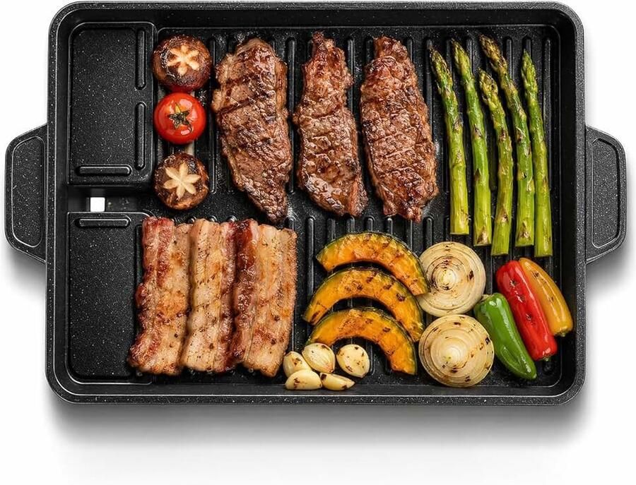 Grillplaat rechthoekige grillpan grillopzetstuk voor gasfornuis met vetopvangschaal anti-aanbaklaag BBQ-grillplaat voor campingfornuis voor inductie gas keramiek