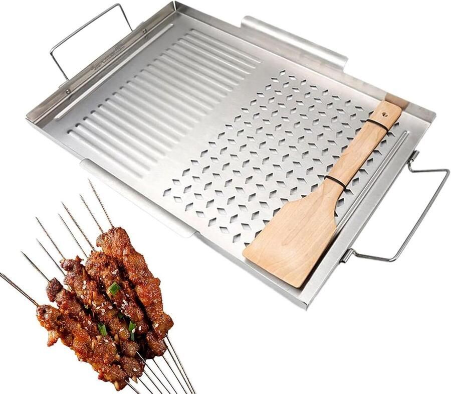 Grillplaat Roestvrij Staal Bakplaat Plancha Buiten Koken Uniforme Warmte 48x31 cm Zilverkleurig