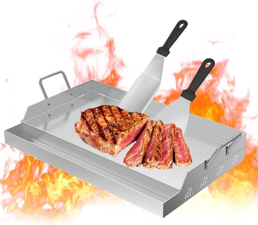Grillplaat Roestvrij Staal BBQ Plancha Bakplaat Buiten Koken Met Olie Opvangbak 47 x 32 cm Zilver