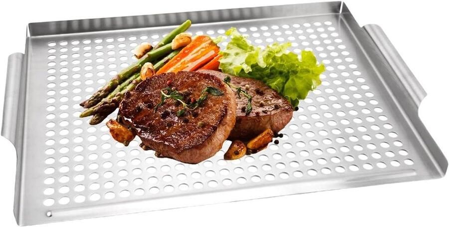 Grillplaat Roestvrij Staal Keuken Accessoire Buiten Koken Geoptimaliseerde Vetcontrole 29.4 cm Breed Zilverkleurig