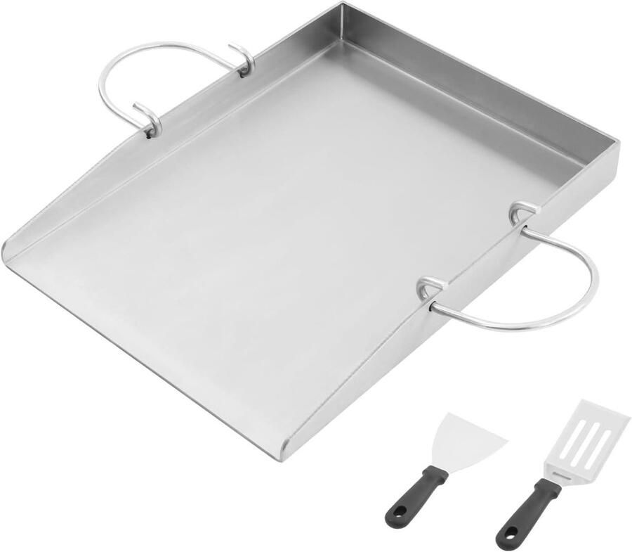 Grillplaat Roestvrij Staal Plancha Bakplaat Buiten Koken Afneembare Handgrepen 40 x 30 cm Zilver