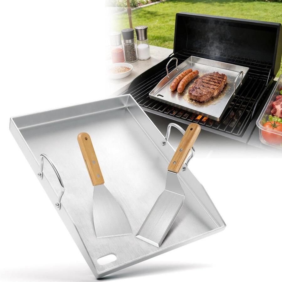 Grillplaat Roestvrij Staal Plancha Bakplaat Schoon Grillen Massieve 4mm Dikte 40 x 30 cm Zilver