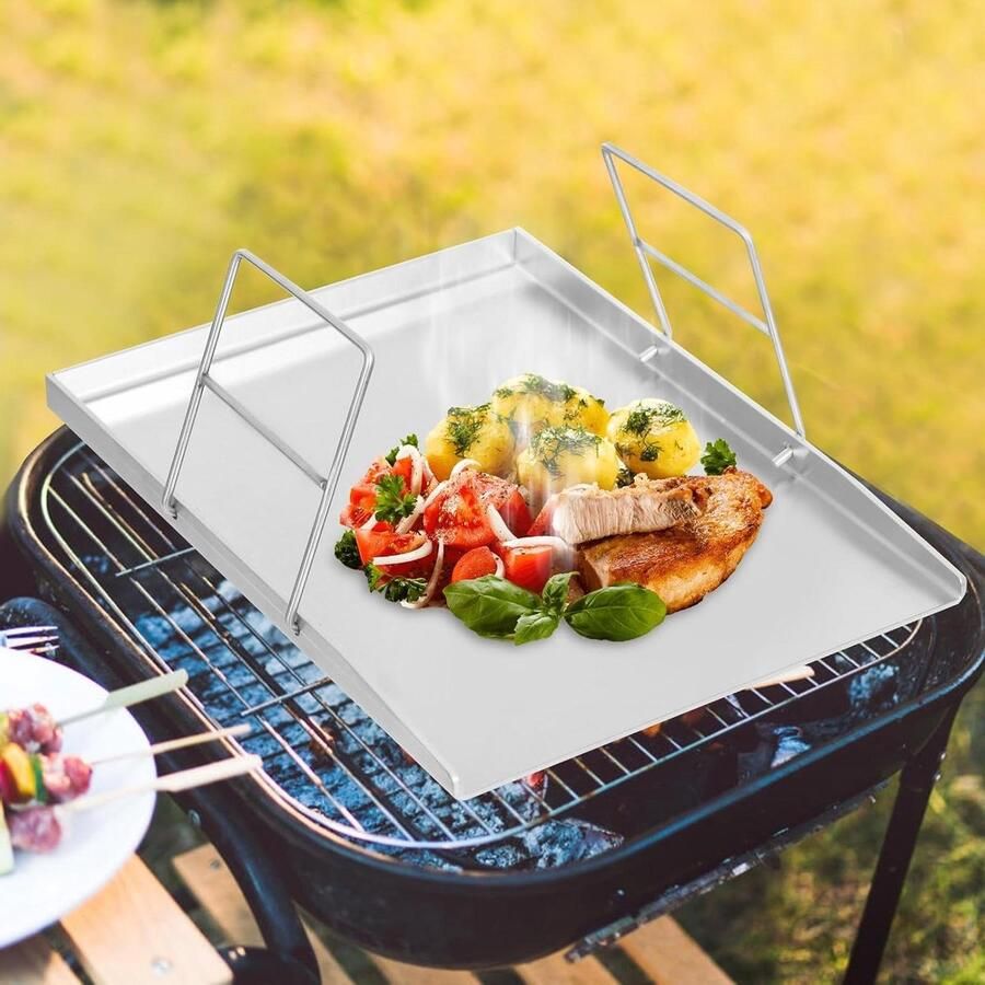 Grillplaat Roestvrij Staal Rechthoekige Pan Barbecue Koken Vaatwasserbestendig 48 x 34 cm Zilver