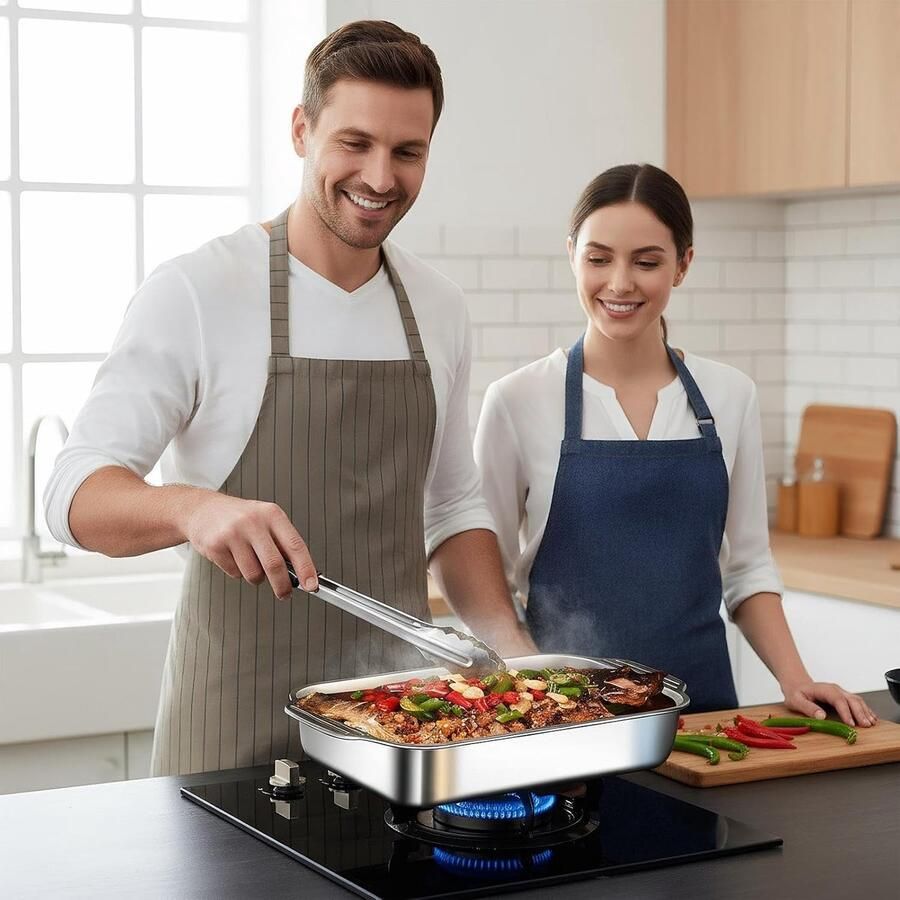 Grillplaat Roestvrijstaal Grillpan Deksel Buiten Koken Antiaanbaklaag 41x24.5cm Zilver