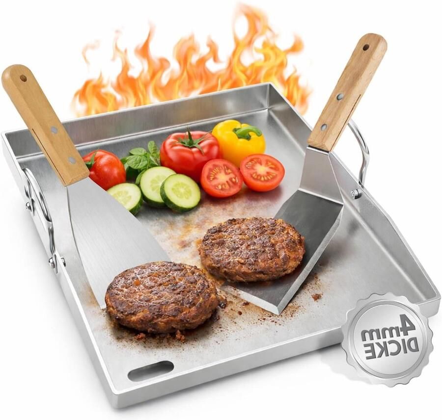 Grillplaat Roestvrijstaal Plancha Bakplaat Buiten Koken Geïntegreerde Vetbak 40 x 30 cm Zilver