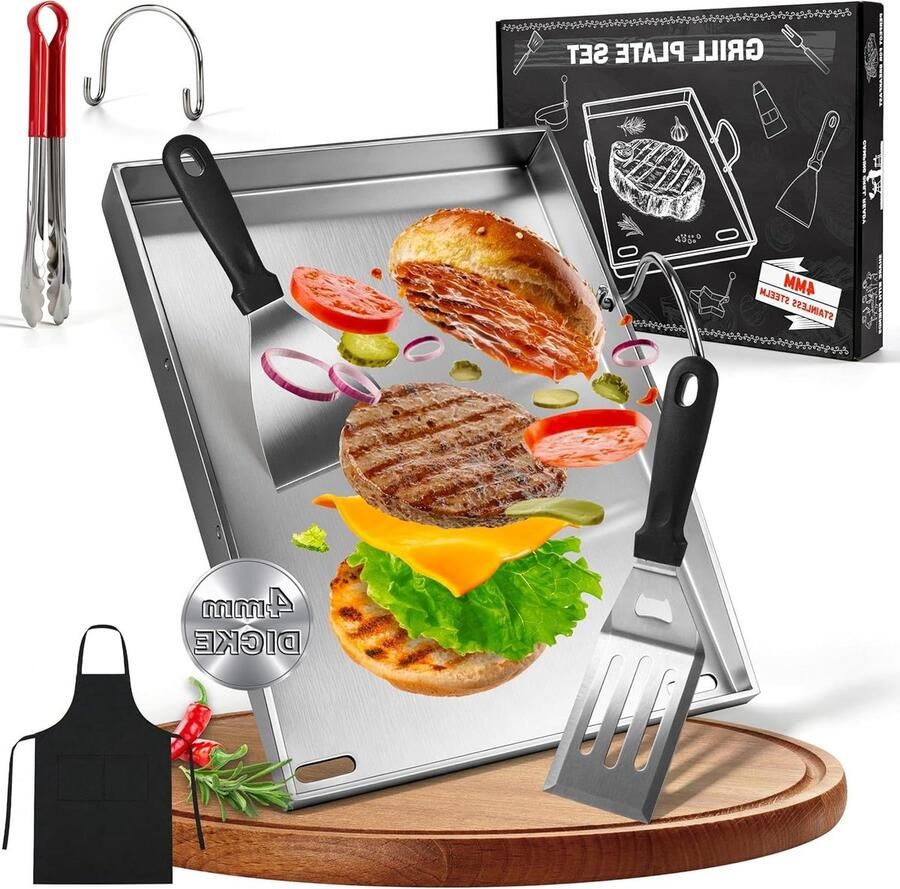 Grillplaat RVS Bakplaat BBQ Buiten Koken 4mm Dik Roestvrij Staal 40 x 30 cm Zilver