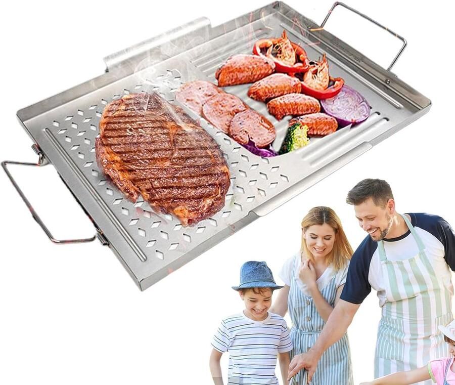 Grillplaat Bakplaat Roestvrij staal Buiten koken Gelijkmatige warmteverdeling 43 x 29 cm Zilver