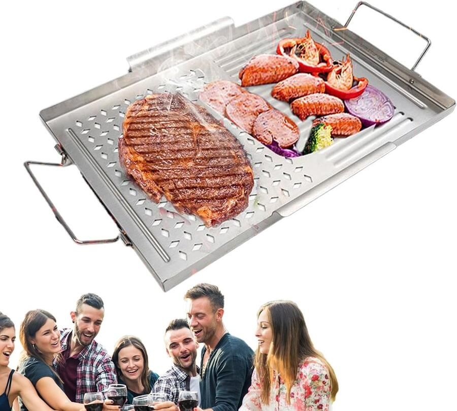Grillplaat RVS Bakplaat Kookplaat Buiten Koken Plat Grillontwerp 40.3 x 32 cm Zilver
