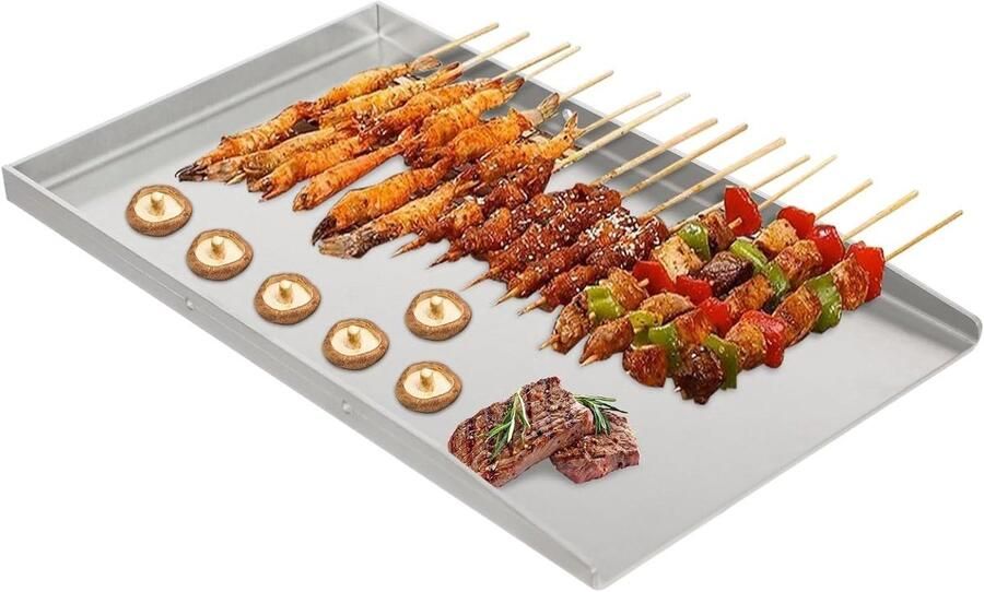 Grillplaat RVS Bakplaat Plancha Buiten Koken Dubbele Handgrepen 44.5 x 26 cm Zilver