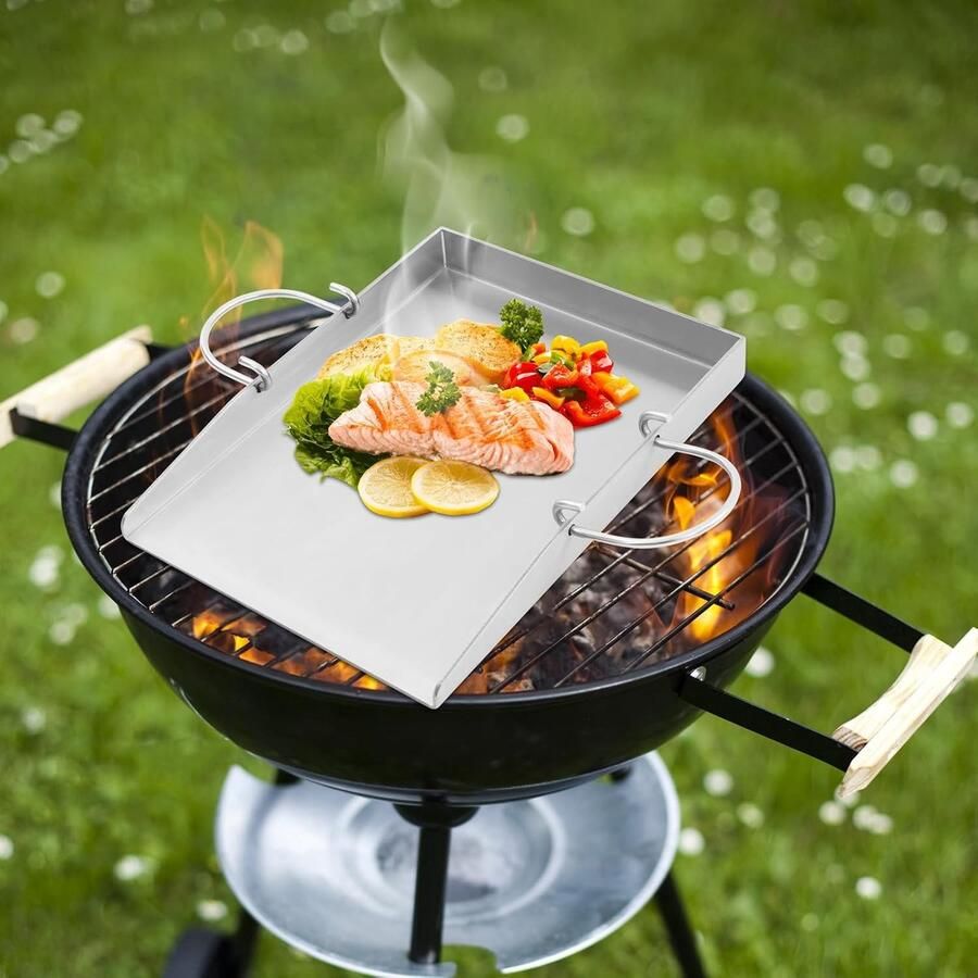 Grillplaat RVS BBQ plaat Grillbakplaat Buiten koken Afneembare handgrepen 40 x 30 x 4 cm Zilver