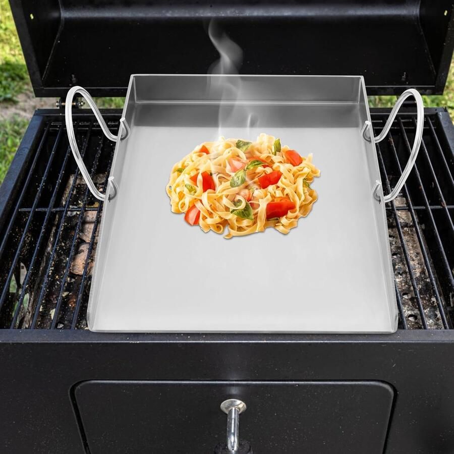 Grillplaat RVS BBQ plaat Grillbakplaat Buiten koken Afneembare handgrepen 40 x 30 x 4 cm Zilver