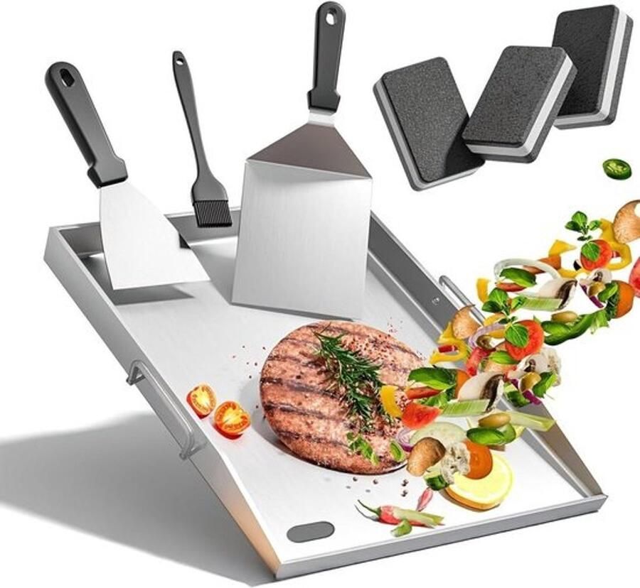 Grillplaat Set Bakplaat Plancha Buiten Koken Olieafvoer Goot 40 x 30 cm Zilver